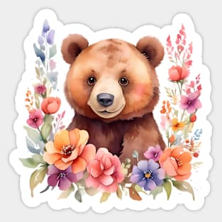 A brown bear decorated with beautiful watercolor flowers Sticker